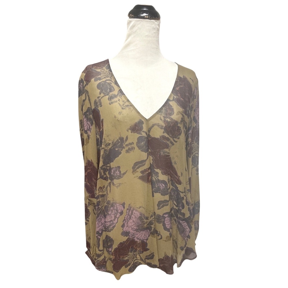 Wilfred Aritzia 100% Silk Floral Blouse Olive Plum XS Fall Boho Romantic